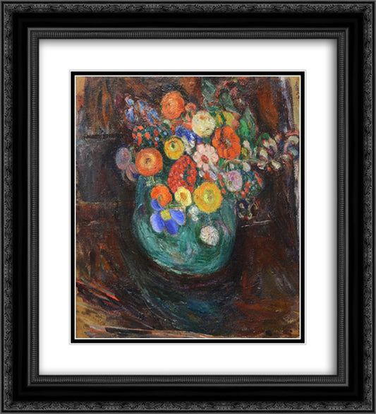 Still Life with Green Vase and Flowers 20x22 Black Ornate Wood Framed Art Print Poster with Double Matting by Manievich, Abraham