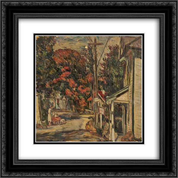 Town Scene with Bus Stop 20x20 Black Ornate Wood Framed Art Print Poster with Double Matting by Manievich, Abraham