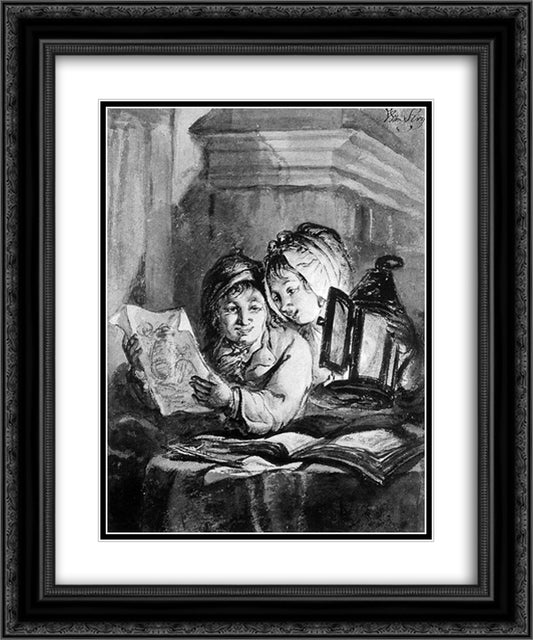 Boy and girl looking at drawings 20x24 Black Ornate Wood Framed Art Print Poster with Double Matting by van Strij, Abraham