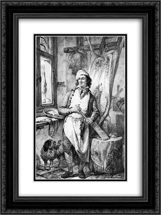 Butcher in his shop 18x24 Black Ornate Wood Framed Art Print Poster with Double Matting by van Strij, Abraham