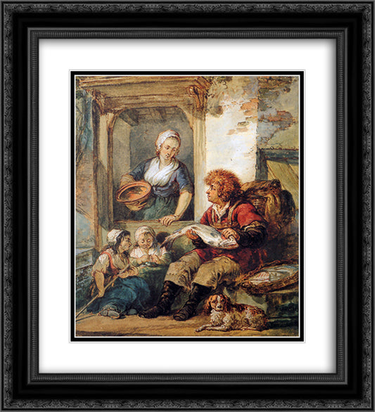 Fish salesman at woman and chidren 20x22 Black Ornate Wood Framed Art Print Poster with Double Matting by van Strij, Abraham