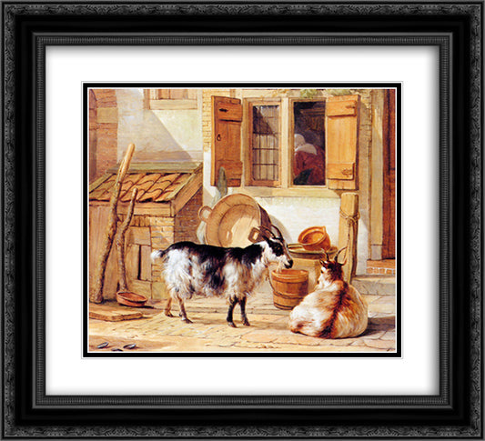 Two goats in a yard 22x20 Black Ornate Wood Framed Art Print Poster with Double Matting by van Strij, Abraham