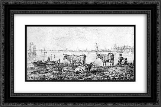 View on Dordrecht 24x16 Black Ornate Wood Framed Art Print Poster with Double Matting by van Strij, Abraham