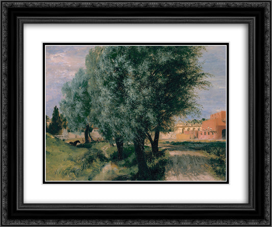 Building Site with Willows 24x20 Black Ornate Wood Framed Art Print Poster with Double Matting by Menzel, Adolph