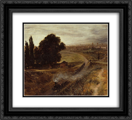 The Berlin-Potsdam Railway 22x20 Black Ornate Wood Framed Art Print Poster with Double Matting by Menzel, Adolph