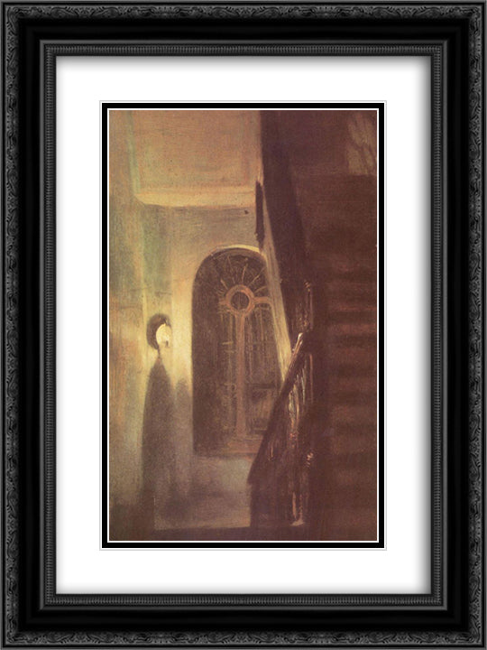 Treppenflur bei Nachtbeleuchtung 18x24 Black Ornate Wood Framed Art Print Poster with Double Matting by Menzel, Adolph