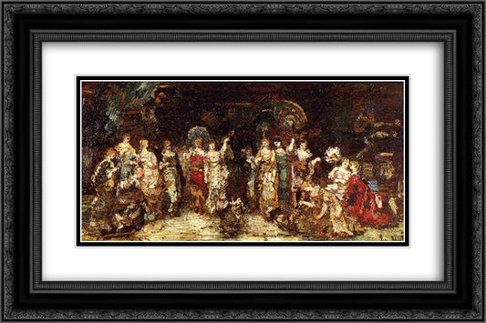 Cock Fight in Front of a Group of Young Women 24x16 Black Ornate Wood Framed Art Print Poster with Double Matting by Monticelli, Adolphe Joseph Thomas