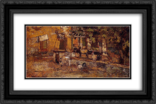Farmyard with Donkeys and Roosters 24x16 Black Ornate Wood Framed Art Print Poster with Double Matting by Monticelli, Adolphe Joseph Thomas