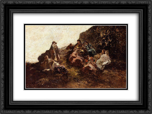 Gathering of Elegant Women 24x18 Black Ornate Wood Framed Art Print Poster with Double Matting by Monticelli, Adolphe Joseph Thomas