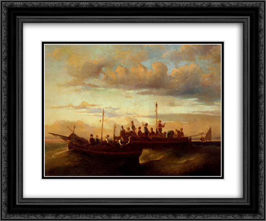 Italian Fishing Vessels at Dusk 24x20 Black Ornate Wood Framed Art Print Poster with Double Matting by Monticelli, Adolphe Joseph Thomas