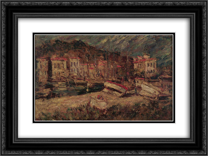 Port of Cassis 24x18 Black Ornate Wood Framed Art Print Poster with Double Matting by Monticelli, Adolphe Joseph Thomas