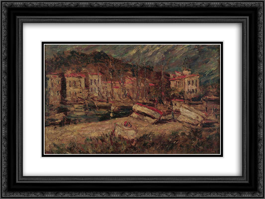 Port of Cassis 24x18 Black Ornate Wood Framed Art Print Poster with Double Matting by Monticelli, Adolphe Joseph Thomas