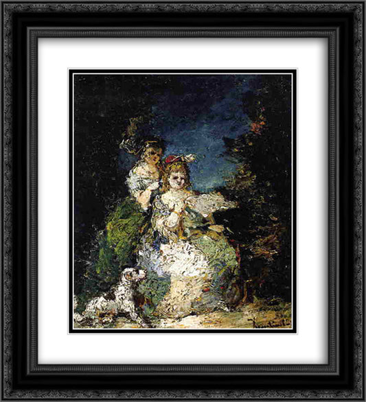 Young Girls and Dog in a Park 20x22 Black Ornate Wood Framed Art Print Poster with Double Matting by Monticelli, Adolphe Joseph Thomas