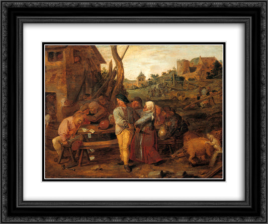 Farmers Fight Party 24x20 Black Ornate Wood Framed Art Print Poster with Double Matting by Brouwer, Adriaen