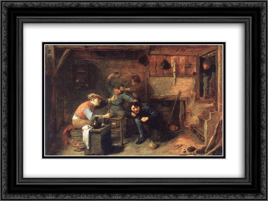 Peasants Fighting 24x18 Black Ornate Wood Framed Art Print Poster with Double Matting by Brouwer, Adriaen