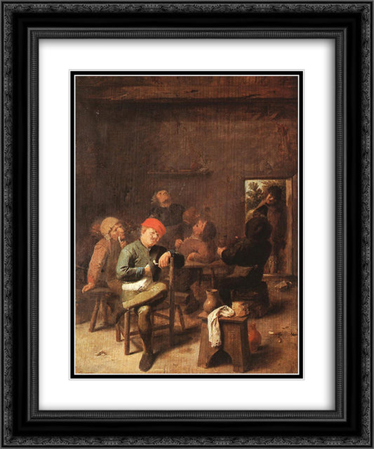 Peasants Smoking And Drinking 20x24 Black Ornate Wood Framed Art Print Poster with Double Matting by Brouwer, Adriaen