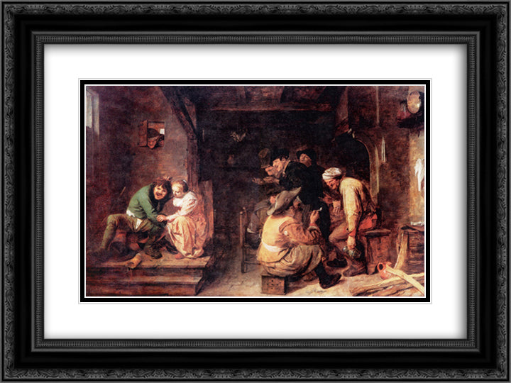 Tavern Scene 24x18 Black Ornate Wood Framed Art Print Poster with Double Matting by Brouwer, Adriaen