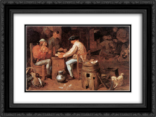 The Card Players 24x18 Black Ornate Wood Framed Art Print Poster with Double Matting by Brouwer, Adriaen