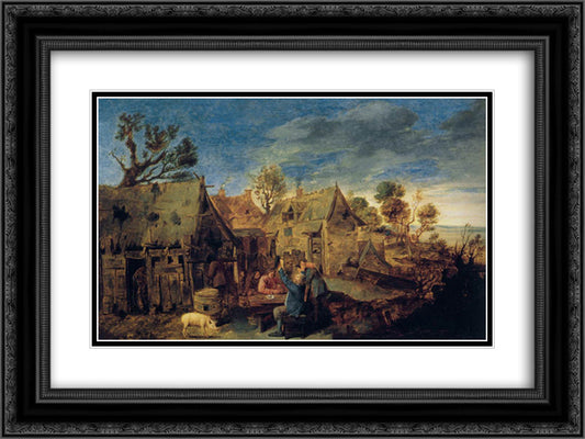 Village Scene with Men Drinking 24x18 Black Ornate Wood Framed Art Print Poster with Double Matting by Brouwer, Adriaen