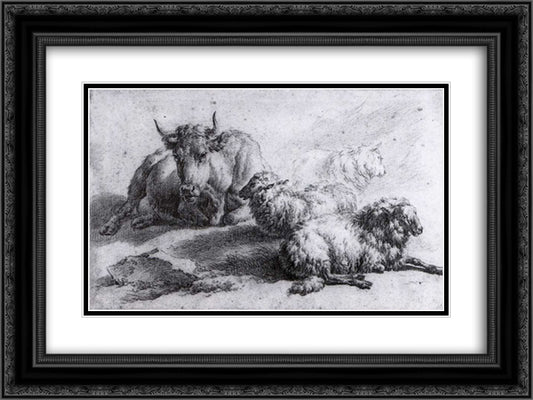 A Cow and Three Sheep 24x18 Black Ornate Wood Framed Art Print Poster with Double Matting by Velde, Adriaen van de