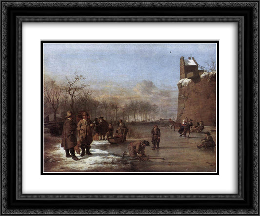 Amusement on the Ice 24x20 Black Ornate Wood Framed Art Print Poster with Double Matting by Velde, Adriaen van de