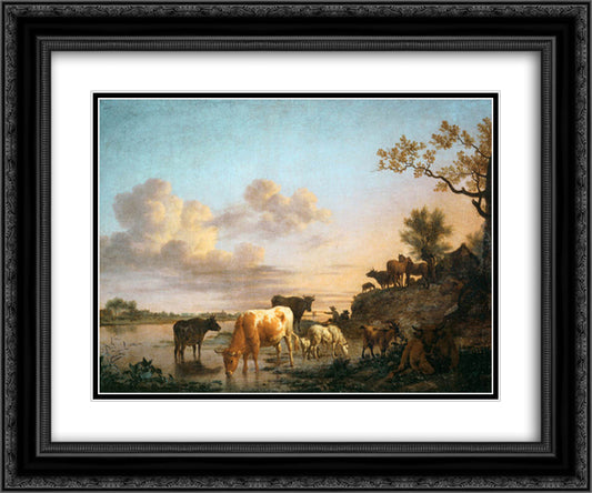 Animals by the River 24x20 Black Ornate Wood Framed Art Print Poster with Double Matting by Velde, Adriaen van de