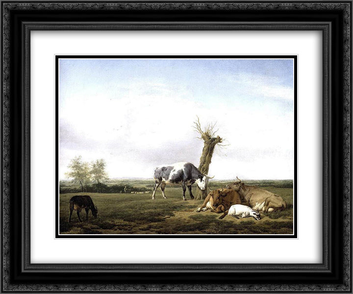 Cattle and Goats in a Meadow 24x20 Black Ornate Wood Framed Art Print Poster with Double Matting by Velde, Adriaen van de