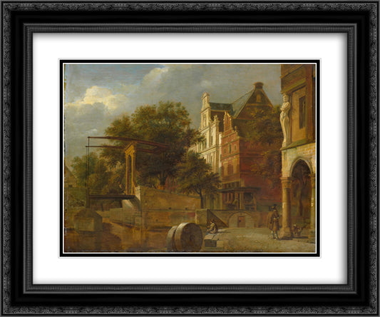 Cityscape with Drawbridge 24x20 Black Ornate Wood Framed Art Print Poster with Double Matting by Velde, Adriaen van de