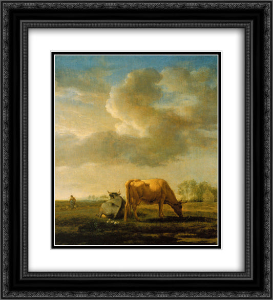 Cows on a Meadow 20x22 Black Ornate Wood Framed Art Print Poster with Double Matting by Velde, Adriaen van de