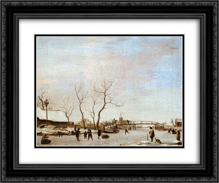 Frozen Canal with Skaters and Hockey Players 24x20 Black Ornate Wood Framed Art Print Poster with Double Matting by Velde, Adriaen van de