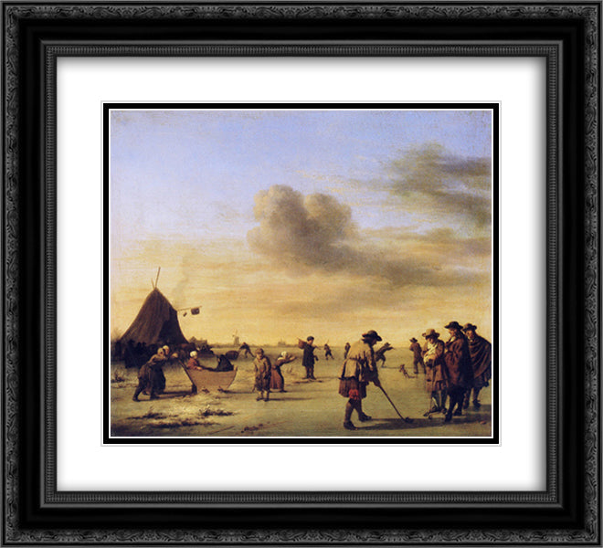 Golfers on the Ice near Haarlem 22x20 Black Ornate Wood Framed Art Print Poster with Double Matting by Velde, Adriaen van de