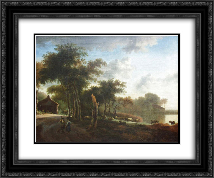 Landscape with shepherds 24x20 Black Ornate Wood Framed Art Print Poster with Double Matting by Velde, Adriaen van de