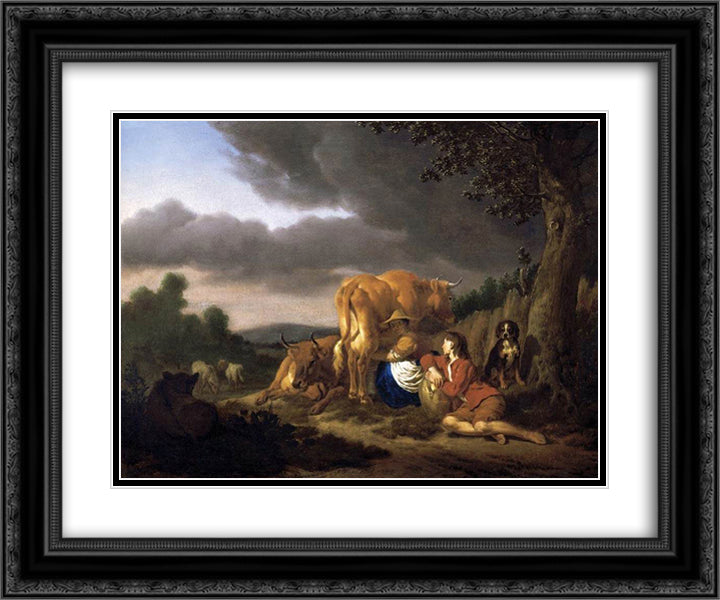 Milking a Cow 24x20 Black Ornate Wood Framed Art Print Poster with Double Matting by Velde, Adriaen van de