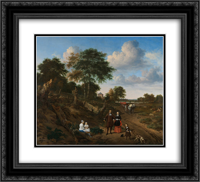 Portrait of a couple with two children and a nursemaid in a landscape 22x20 Black Ornate Wood Framed Art Print Poster with Double Matting by Velde, Adriaen van de