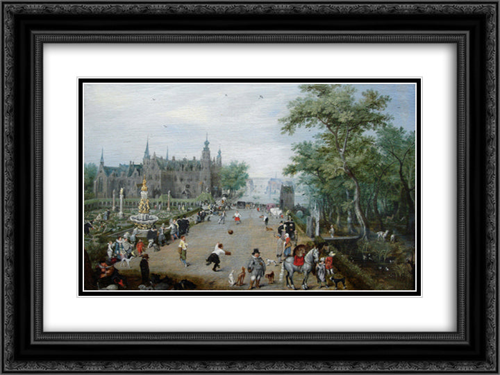 A Game of Handball with Country Palace in Background 24x18 Black Ornate Wood Framed Art Print Poster with Double Matting by Venne, Adriaen van de