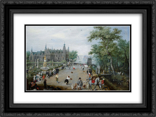 A Game of Handball with Country Palace in Background 24x18 Black Ornate Wood Framed Art Print Poster with Double Matting by Venne, Adriaen van de