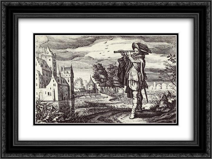 Early depiction of a Dutch telescope 24x18 Black Ornate Wood Framed Art Print Poster with Double Matting by Venne, Adriaen van de