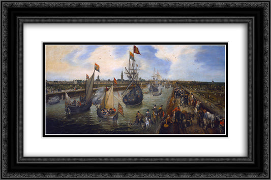 The Port of Middelburg 24x16 Black Ornate Wood Framed Art Print Poster with Double Matting by Venne, Adriaen van de