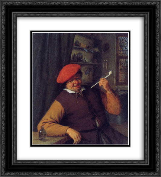 A Peasant in a Red Beret Smoking a Pipe 20x22 Black Ornate Wood Framed Art Print Poster with Double Matting by Ostade, Adriaen van