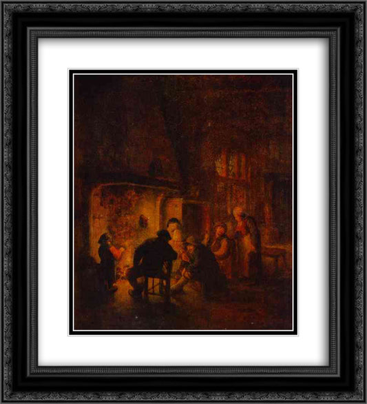 A Talk at Fireplace 20x22 Black Ornate Wood Framed Art Print Poster with Double Matting by Ostade, Adriaen van