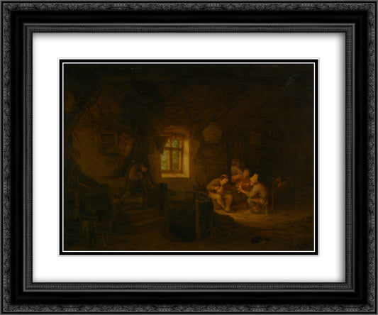 A Tavern Interior with Peasants Drinking Beneath a Window 24x20 Black Ornate Wood Framed Art Print Poster with Double Matting by Ostade, Adriaen van