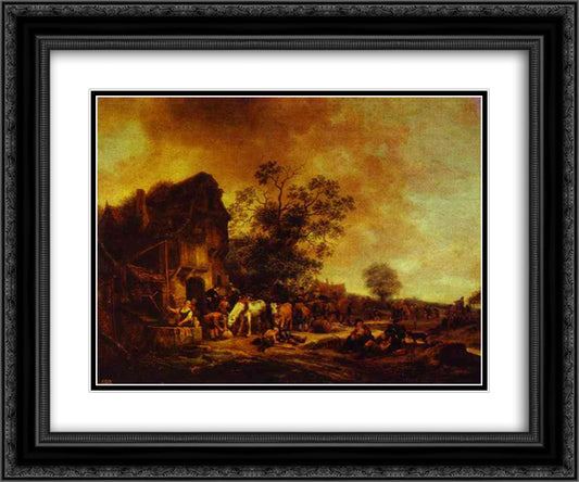 A Village Inn 24x20 Black Ornate Wood Framed Art Print Poster with Double Matting by Ostade, Adriaen van