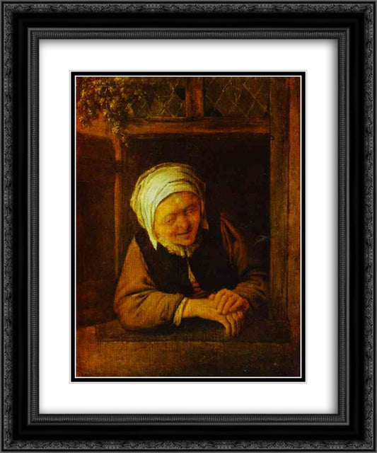 An Old Woman by Window 20x24 Black Ornate Wood Framed Art Print Poster with Double Matting by Ostade, Adriaen van