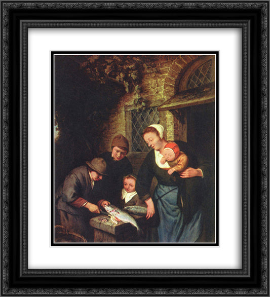 Buying Fish 20x22 Black Ornate Wood Framed Art Print Poster with Double Matting by Ostade, Adriaen van