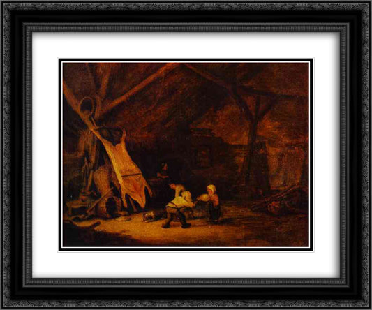 Children Playing in a Barn 24x20 Black Ornate Wood Framed Art Print Poster with Double Matting by Ostade, Adriaen van