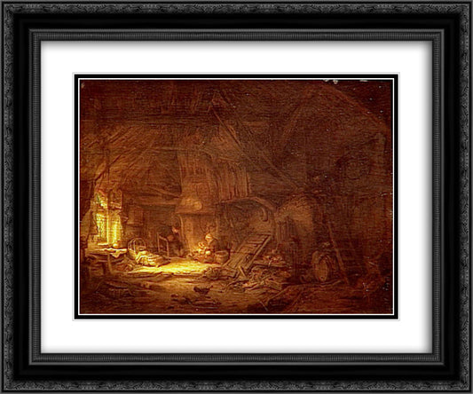 Cottage Interior with a Family around the Hearth 24x20 Black Ornate Wood Framed Art Print Poster with Double Matting by Ostade, Adriaen van