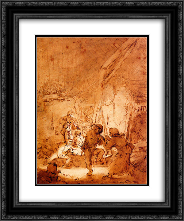 Dancing Farmers 20x24 Black Ornate Wood Framed Art Print Poster with Double Matting by Ostade, Adriaen van