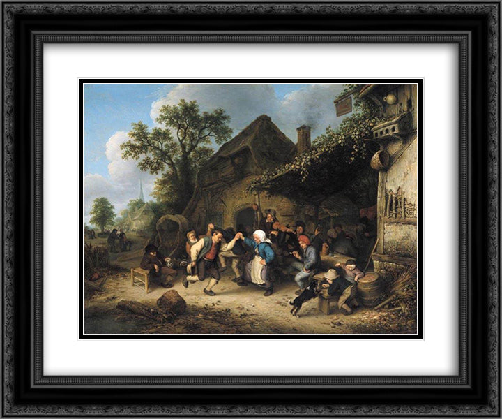 Peasants Carousing and Dancing outside an Inn 24x20 Black Ornate Wood Framed Art Print Poster with Double Matting by Ostade, Adriaen van