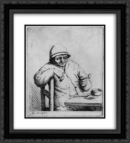 Smiling Smoker 20x22 Black Ornate Wood Framed Art Print Poster with Double Matting by Ostade, Adriaen van