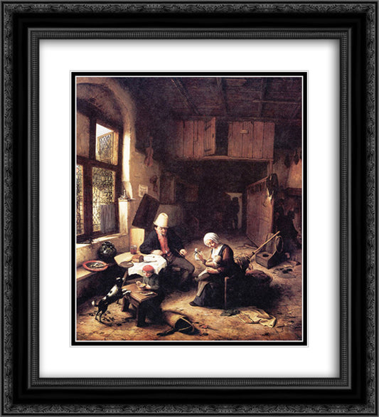 The Interior of a Peasant's Cottage 20x22 Black Ornate Wood Framed Art Print Poster with Double Matting by Ostade, Adriaen van